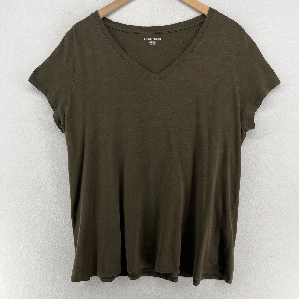 EILEEN FISHER Top XL Slub Organic Cotton Jersey V-Neck Short Sleeve Green